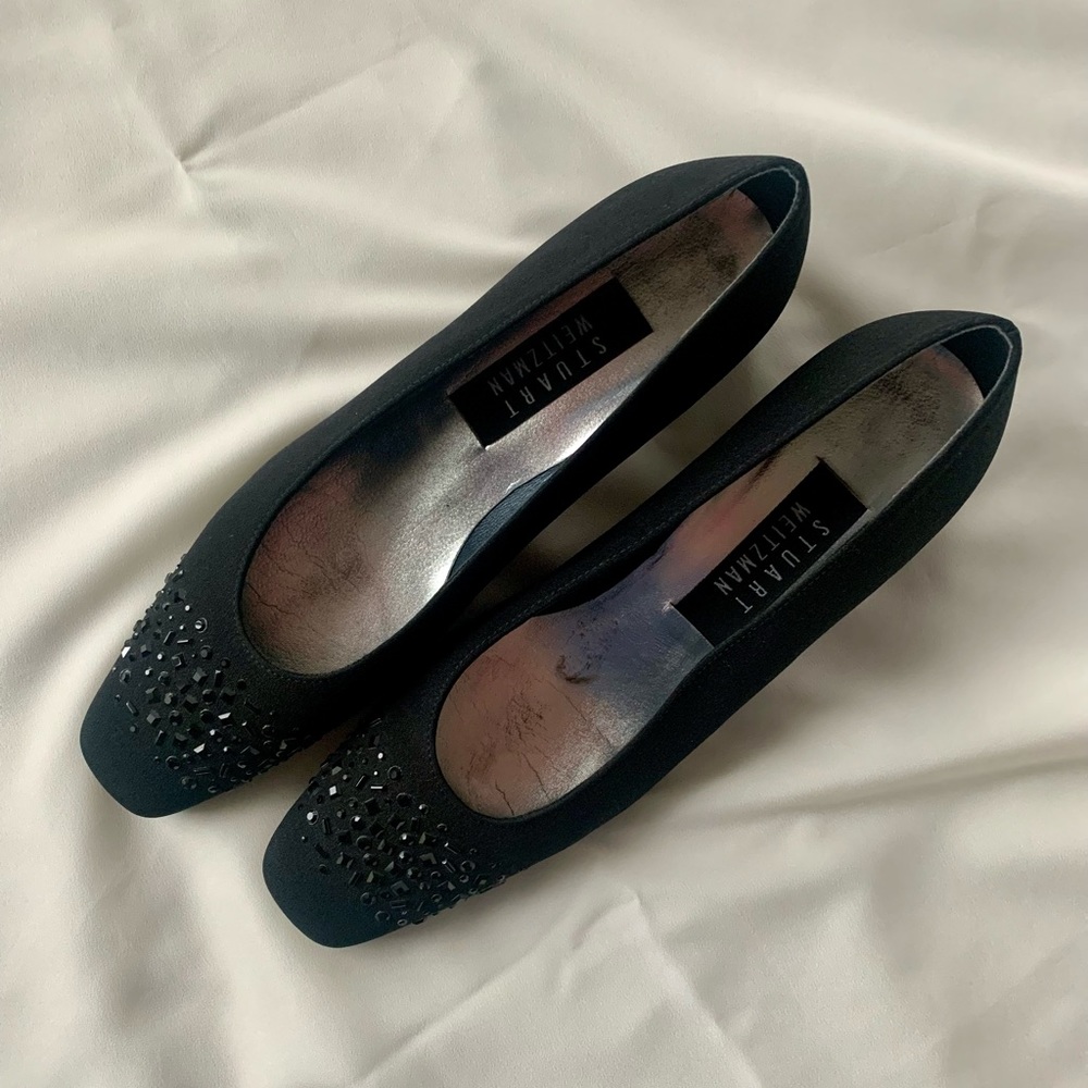 Vintage Stuart Weitzman Size 7.5 low block heel embellished black flats